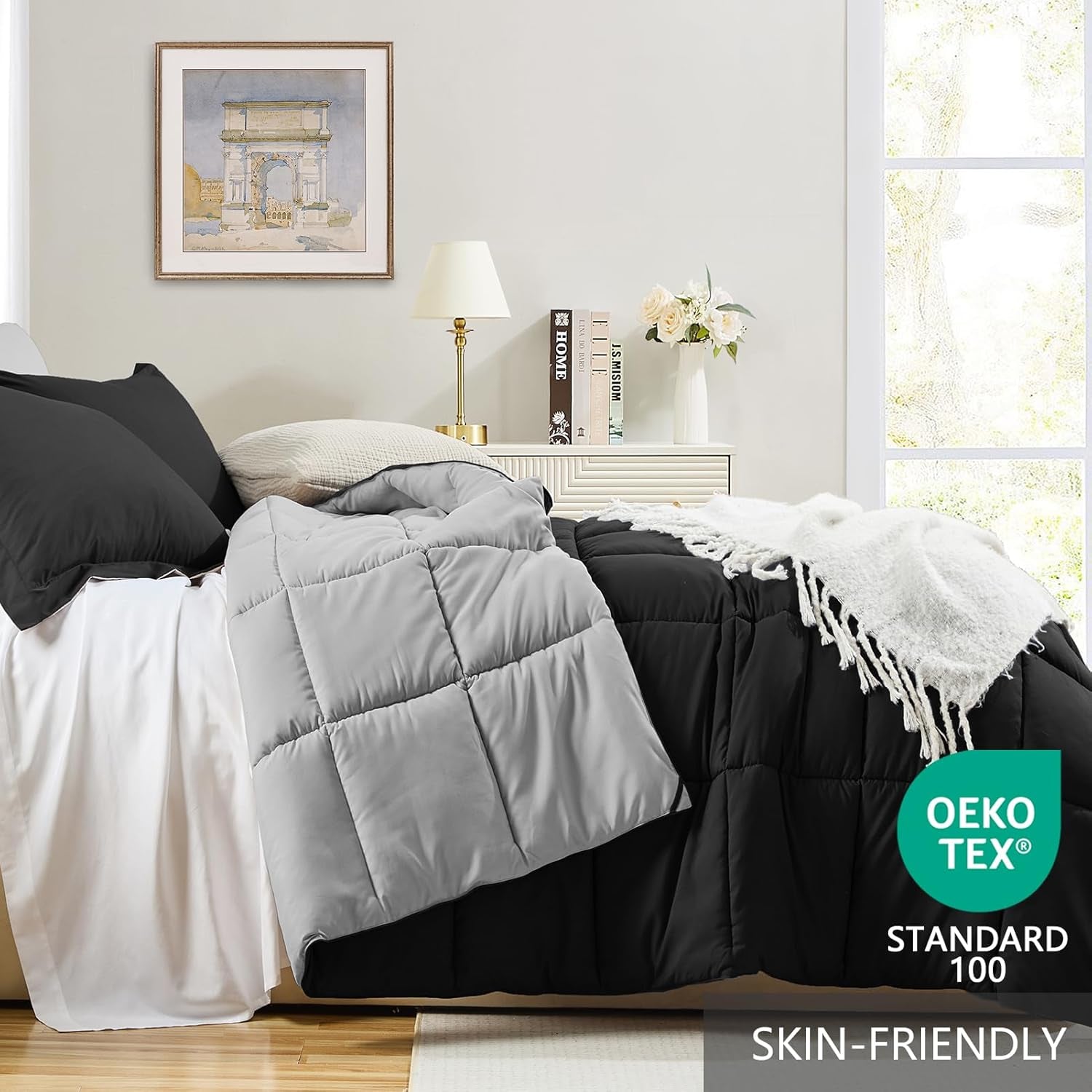 Lightweight Comforter Set King Reversible All Season down Alternative Bed Comforter Set Summer Blanket 3 Piece - 1 Comforter 2 Pillow Shams King Size Black / Light Grey