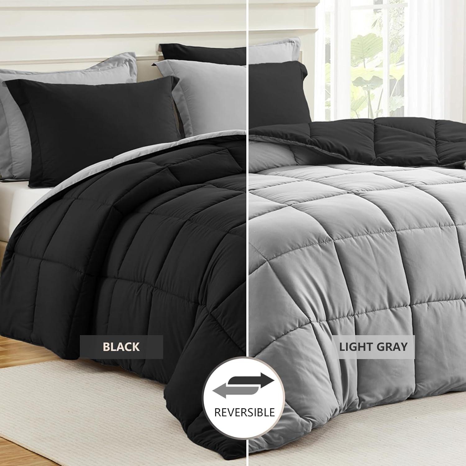 Lightweight Comforter Set King Reversible All Season down Alternative Bed Comforter Set Summer Blanket 3 Piece - 1 Comforter 2 Pillow Shams King Size Black / Light Grey